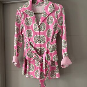 PATTY KIM Pink and Green Patterned button down shirt with pearl button detail